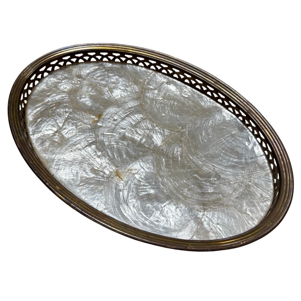 Vintage Capiz Shell Tray Small Oval Dresser Style with Gold Gallery Surround